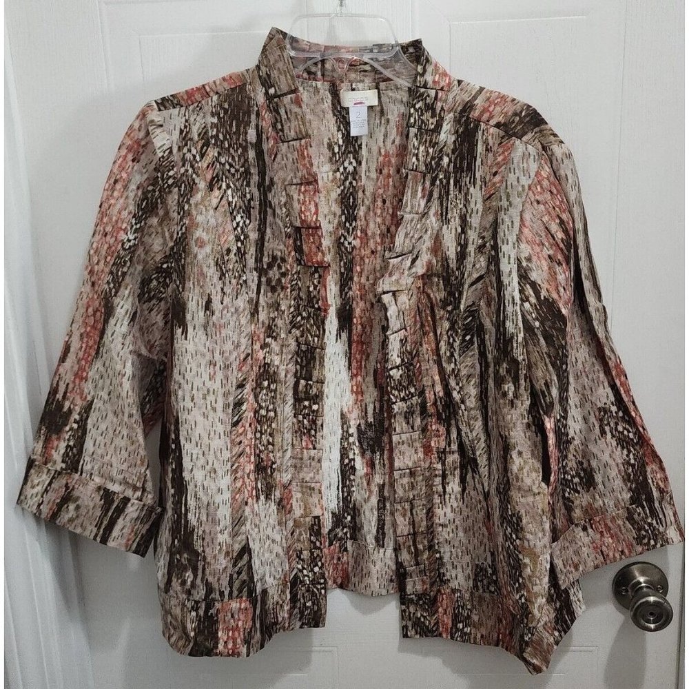 Chicos 3/4 Sleeve Jacket Open Front Pleated Trim Linen Blend Blurred Tribal 2/L